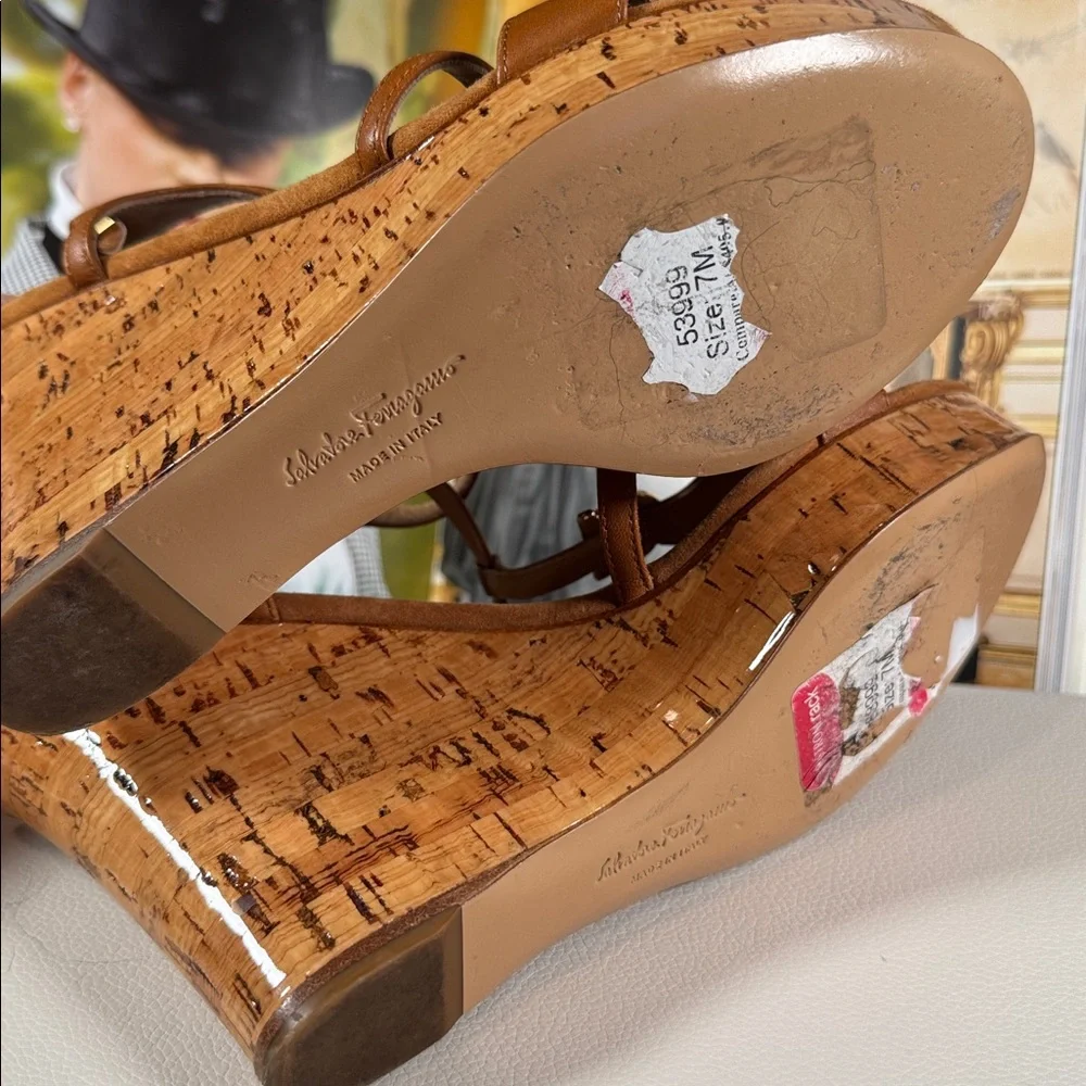 Salvatore Ferragamo brown Leather Wedge Sandals size 7 - Picture 8 of 12